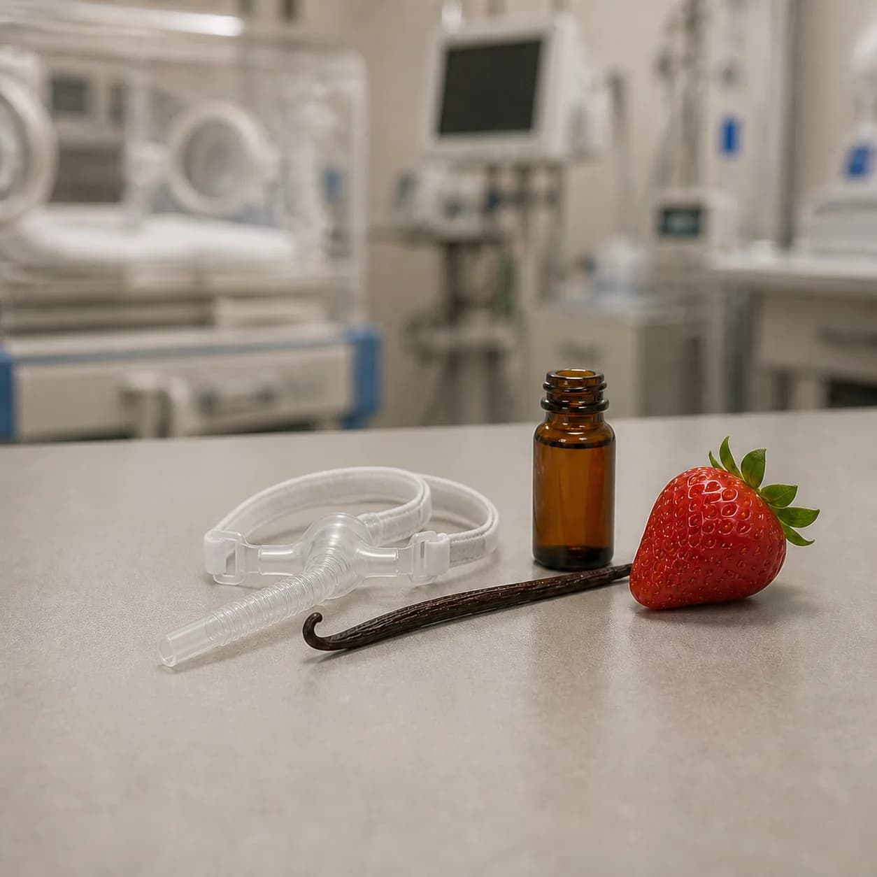 Photorealistic editorial image of an unbranded neonatal nCPAP mask beside an unlabeled amber scent vial, a vanilla pod, and a strawberry on a clean NICU work surface; no patient is shown.