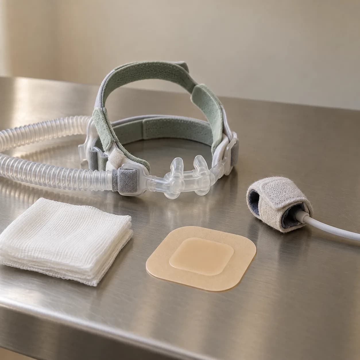 Photorealistic editorial image of a generic neonatal nasal CPAP interface, protective dressing, pulse-oximeter wrap, and gauze on an empty clinical worktable, with no patient shown.