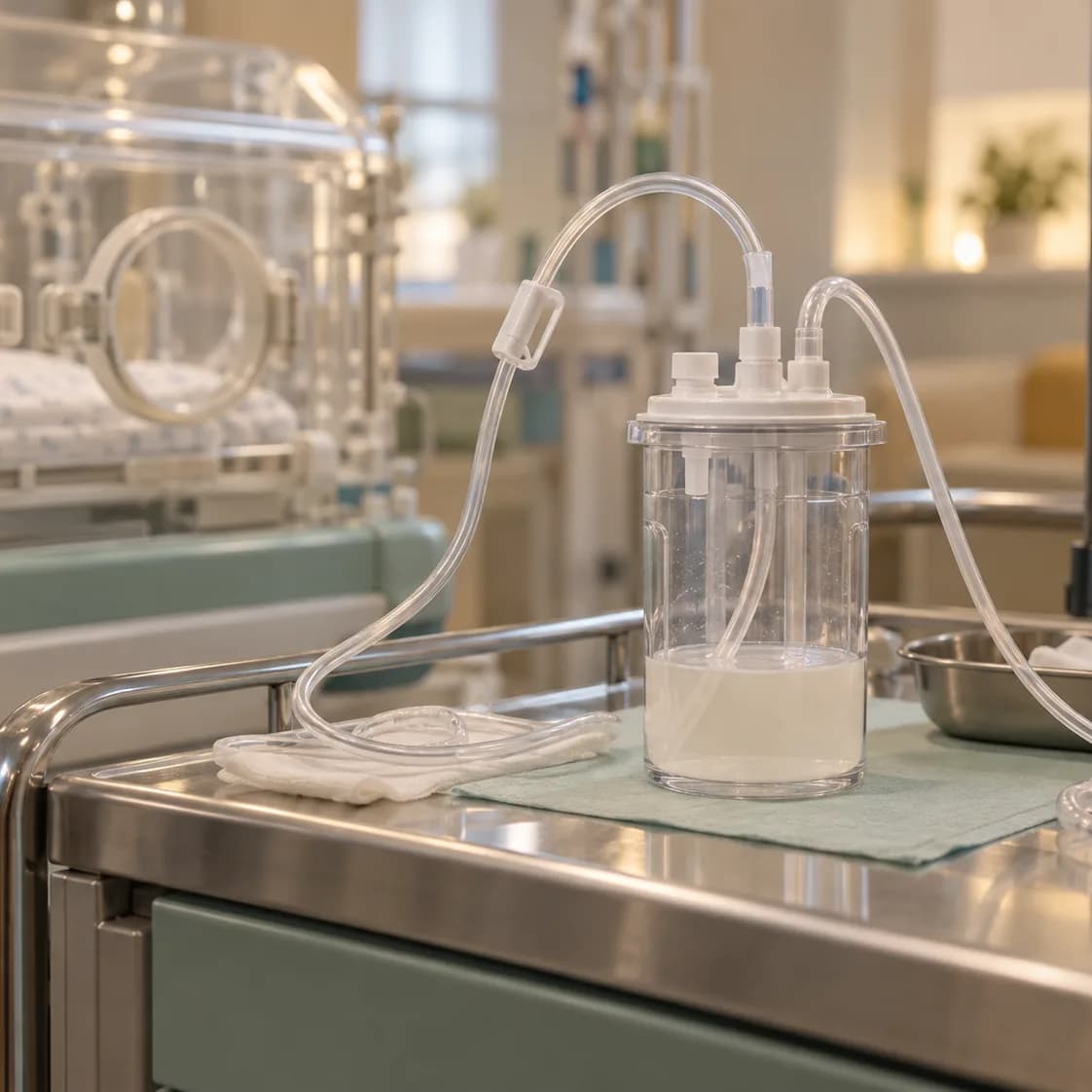 Photorealistic editorial image of an unbranded neonatal pleural drainage setup with clear tubing and a compact collection chamber on a clean NICU trolley; no patient is shown.