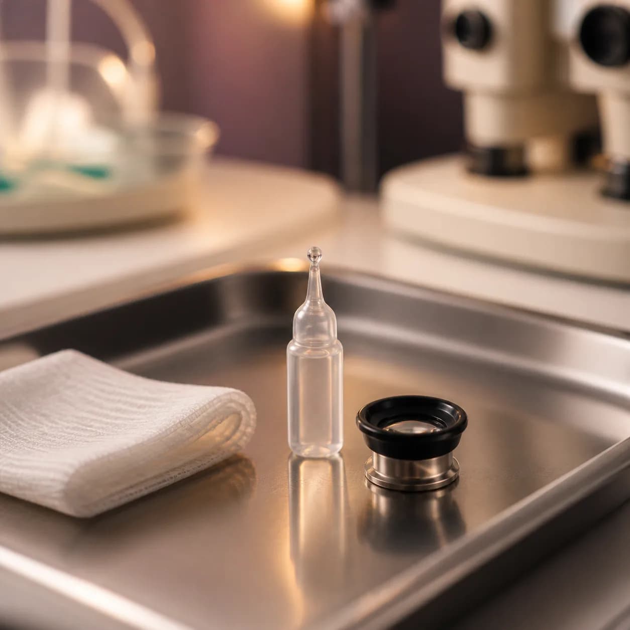 Photorealistic editorial image of an unlabelled single-dose eye-drop ampoule and ophthalmic examination lens on a sterile clinical tray.