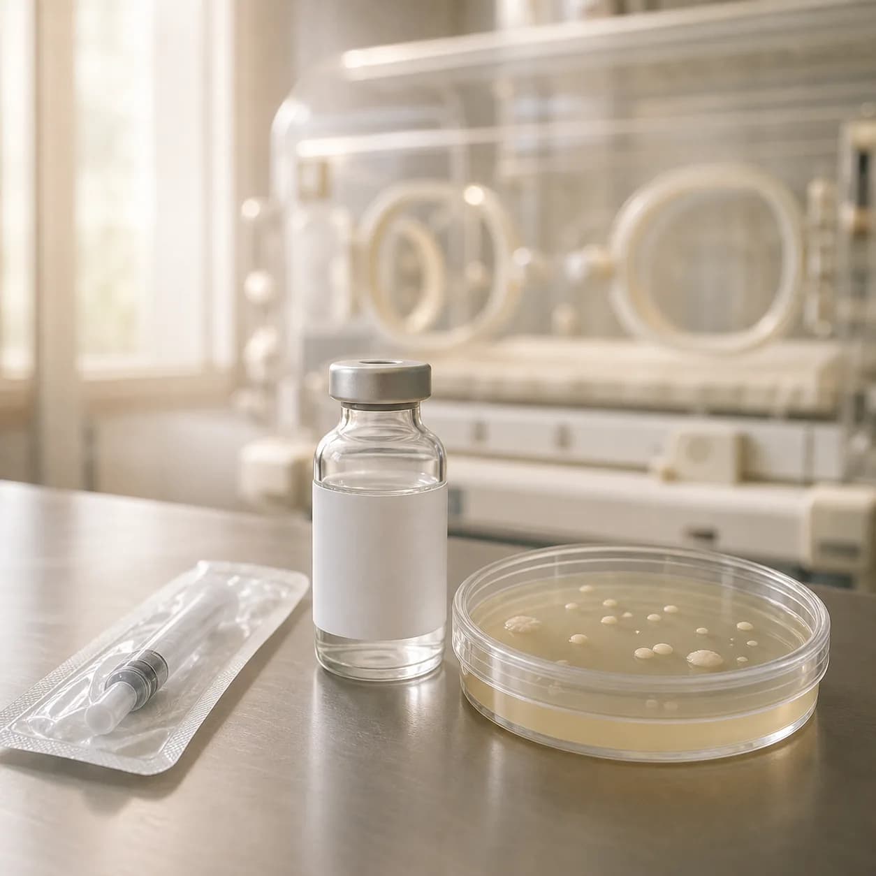 Photorealistic editorial image of an unlabeled medication vial, a packaged capped syringe, and a closed yeast culture dish on a NICU preparation counter, with an empty incubator softly blurred behind.