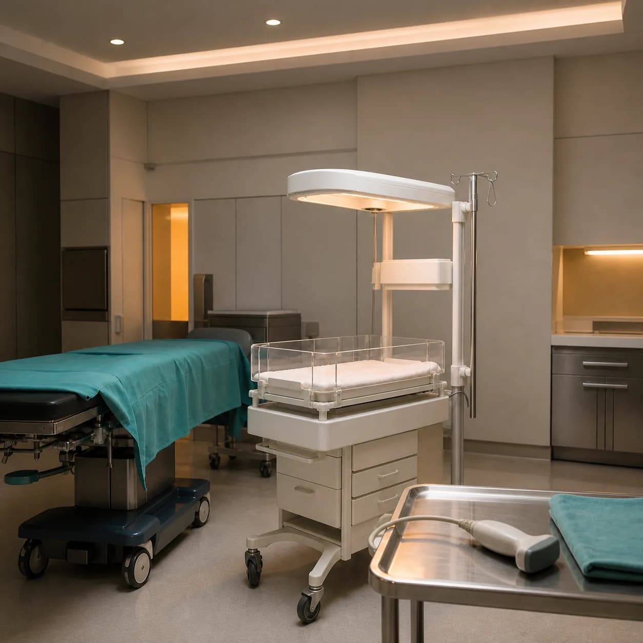 Photorealistic editorial image of an empty obstetric theatre prepared for very preterm birth, with an unbranded neonatal warmer, draped operating table, and ultrasound probe.