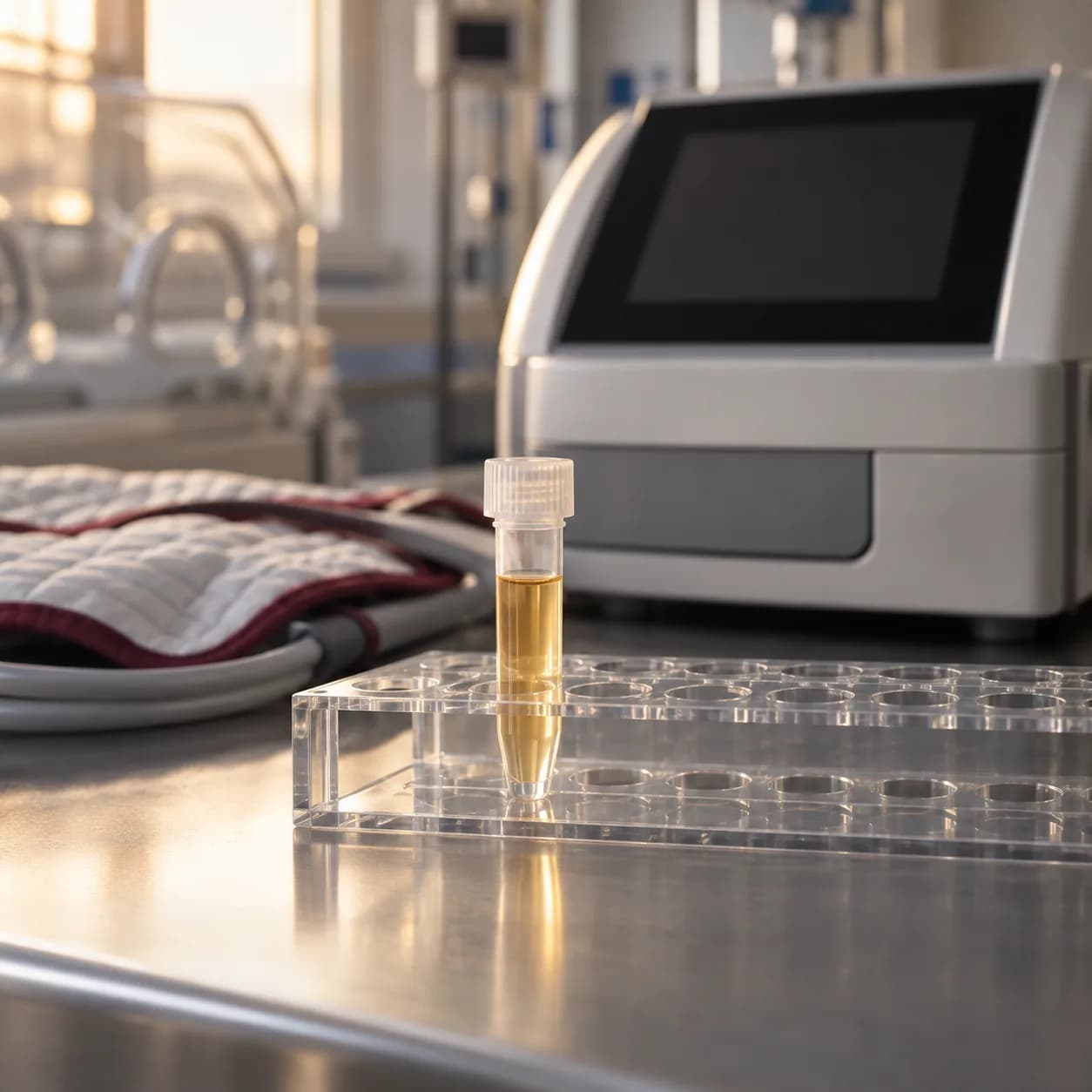 Photorealistic editorial image of an unlabelled neonatal micro-sample tube with pale amber serum beside a generic chemistry analyzer and temperature-control pad.