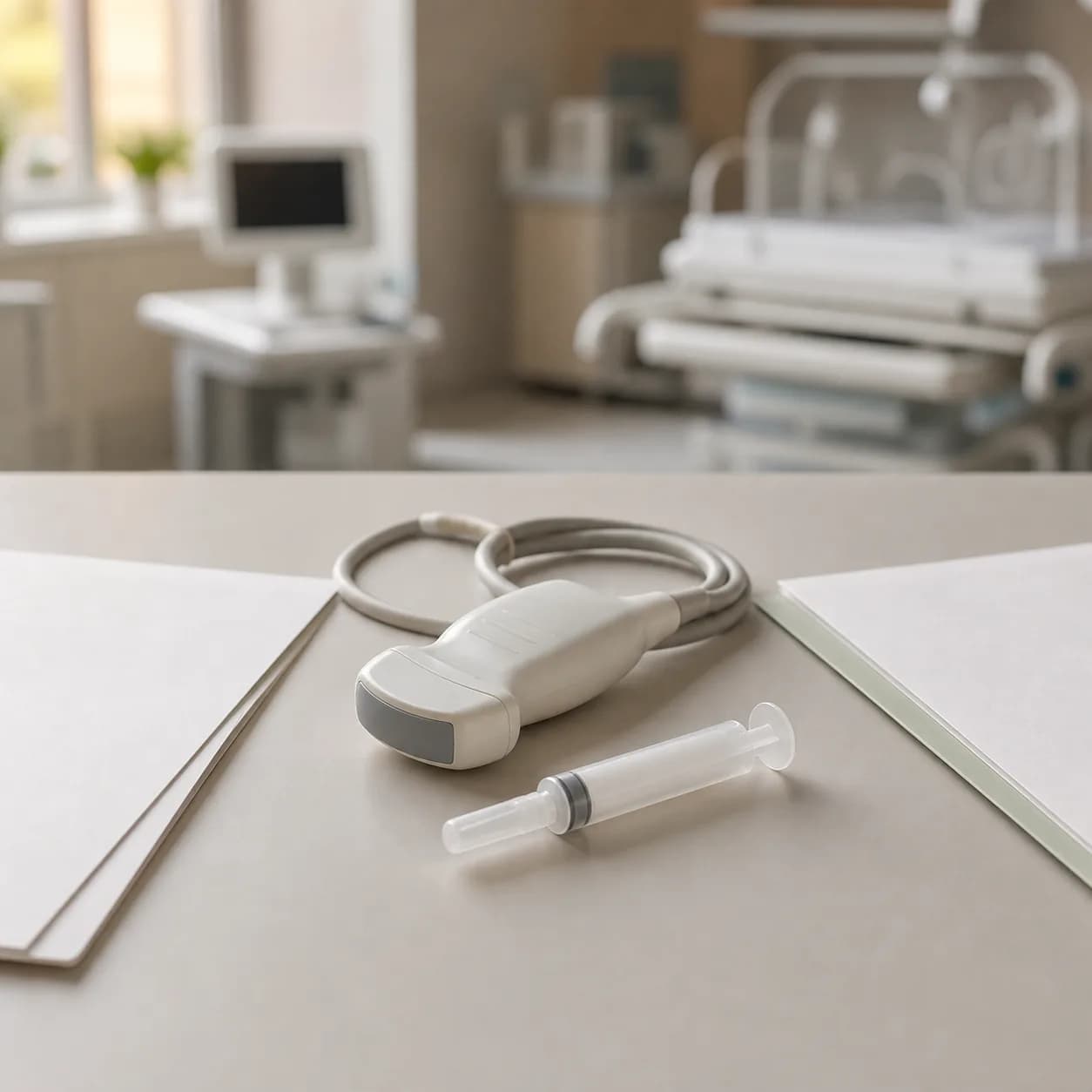 Photorealistic editorial image of an unbranded neonatal echocardiography probe, capped medication syringe, and research papers beside a softly lit NICU workstation, with no patient visible.
