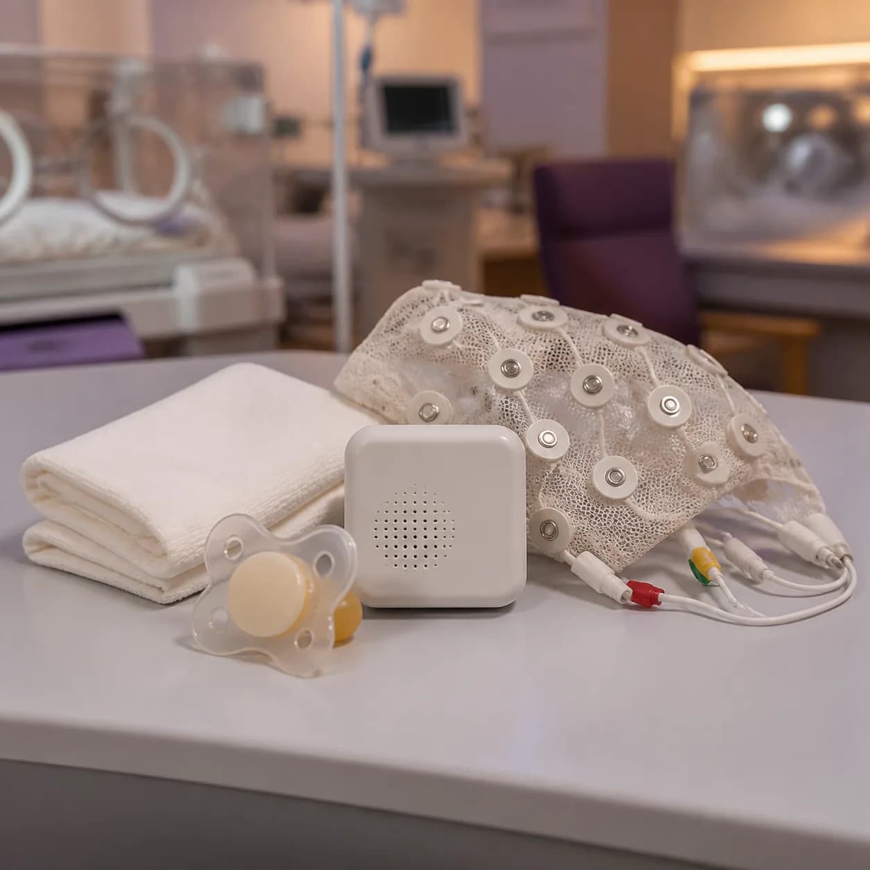 Photorealistic editorial image of an unbranded neonatal pacifier, blank audio-trigger module, folded scent cloth, and EEG sensor net arranged as a clinical still life in a softly blurred NICU, with no infant or person.