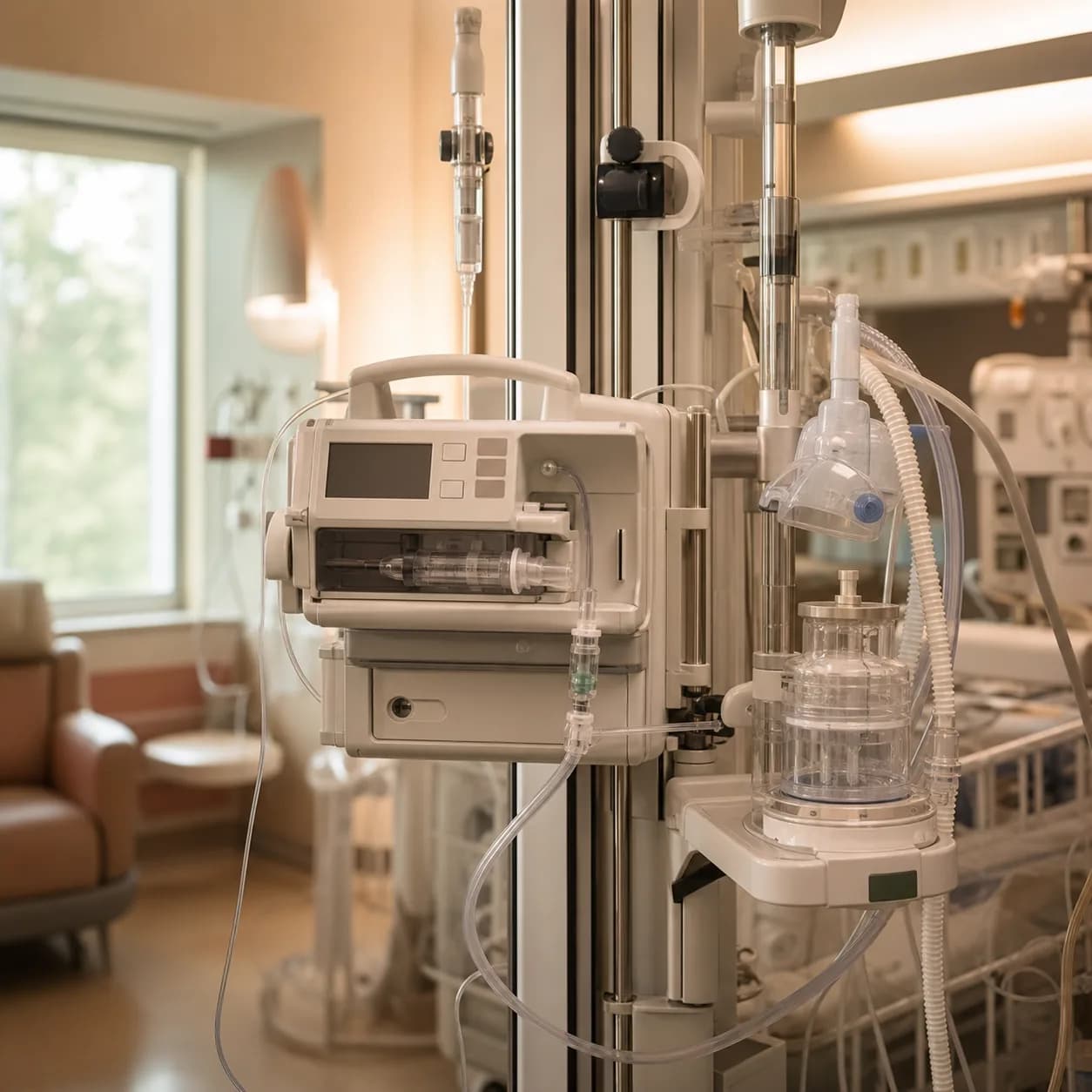 Photorealistic editorial image of an unbranded syringe infusion pump beside a neonatal ventilator circuit in a quiet NICU bay, with no patient visible.
