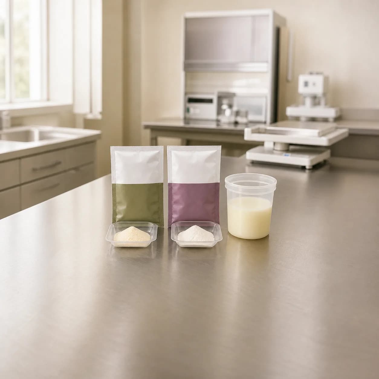 Photorealistic editorial image of two unbranded human milk fortifier sachets and measured powder portions beside a plain milk-preparation container on a clean NICU nutrition surface; no infant or clinical data are shown.