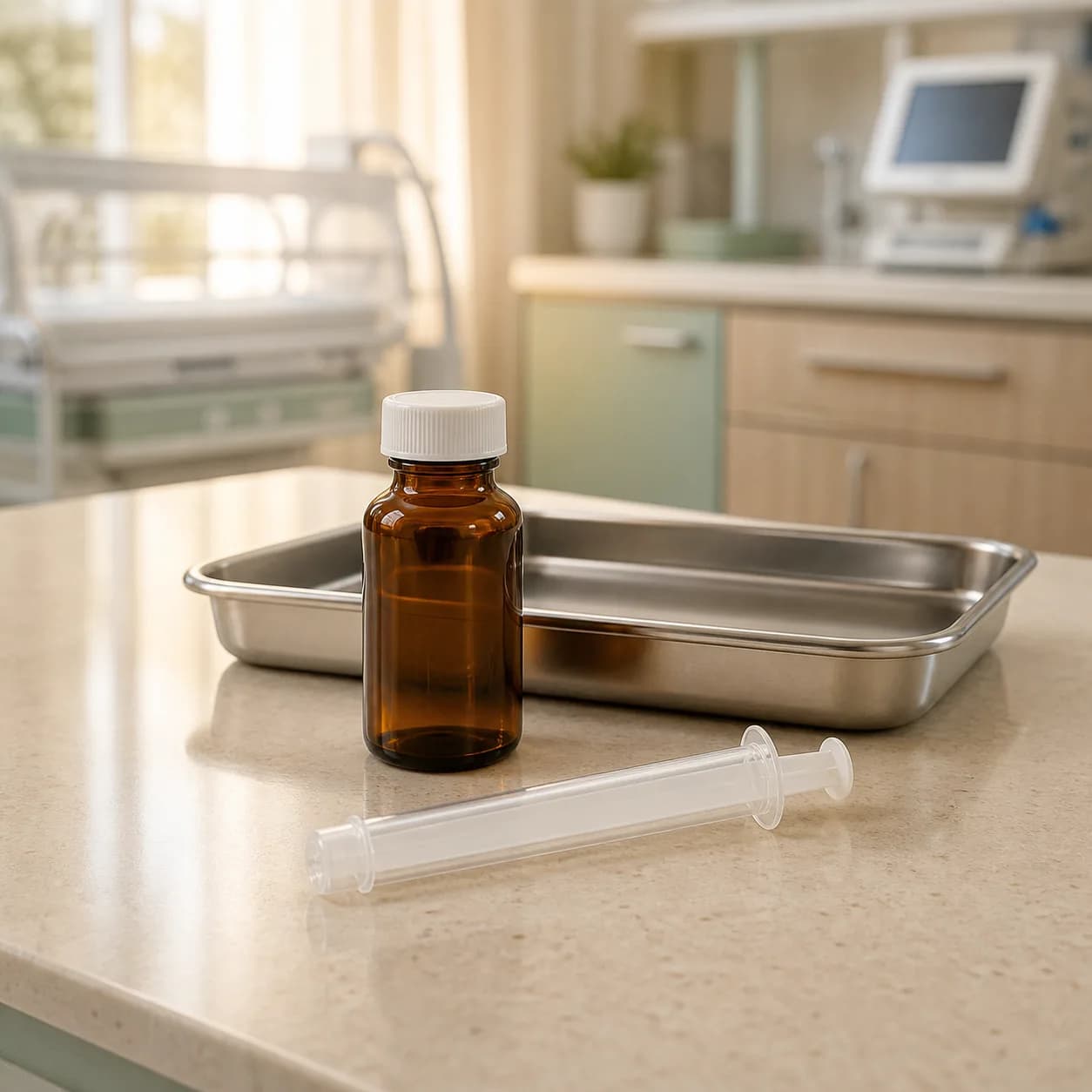 Photorealistic editorial image of an unbranded capped oral medication syringe and amber vial on a warm, softly lit NICU medication-preparation surface; no patient is shown.