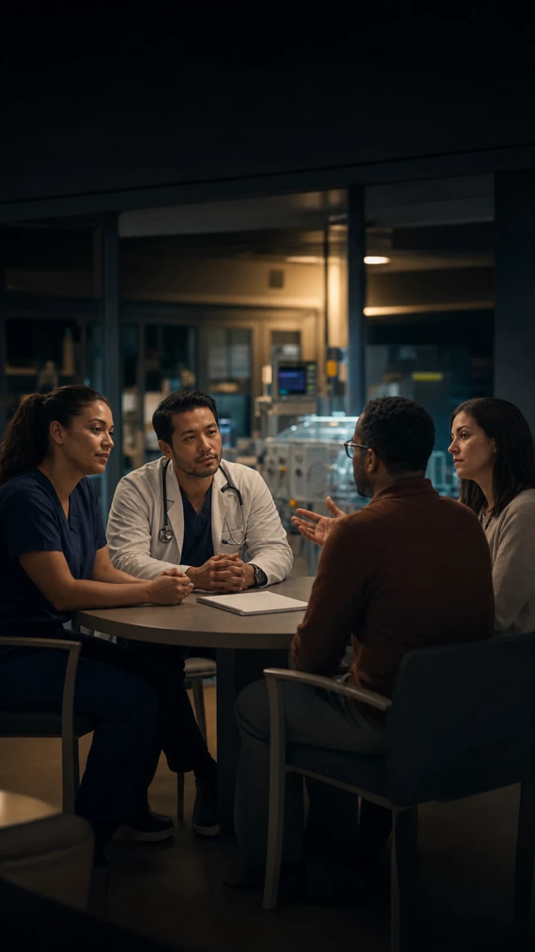 A fictional NICU family conversation with two clinicians listening at eye level.