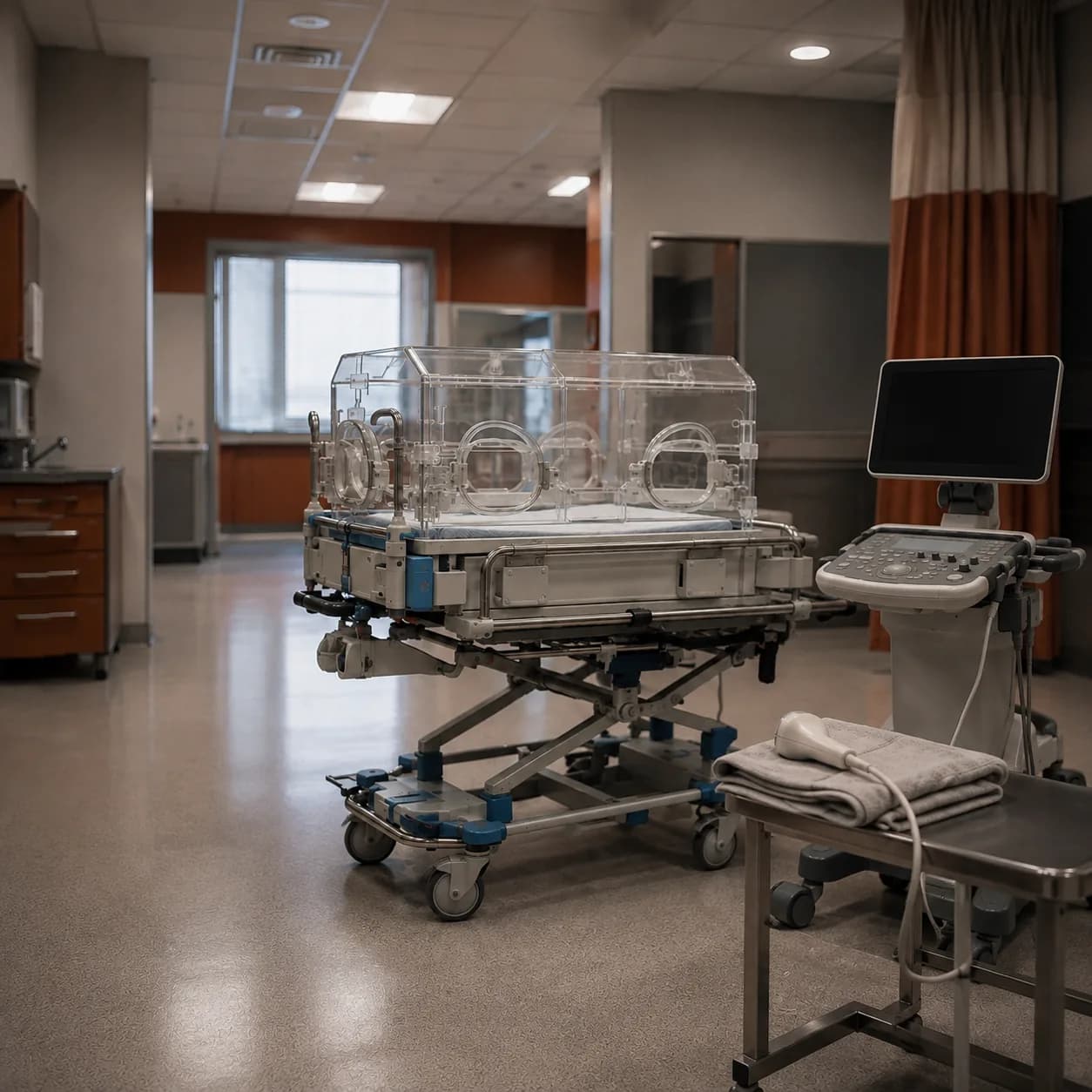Photorealistic editorial image of an empty neonatal transport incubator in a hospital receiving bay beside an unbranded cranial ultrasound probe and generic monitoring equipment, with no infant or staff present.