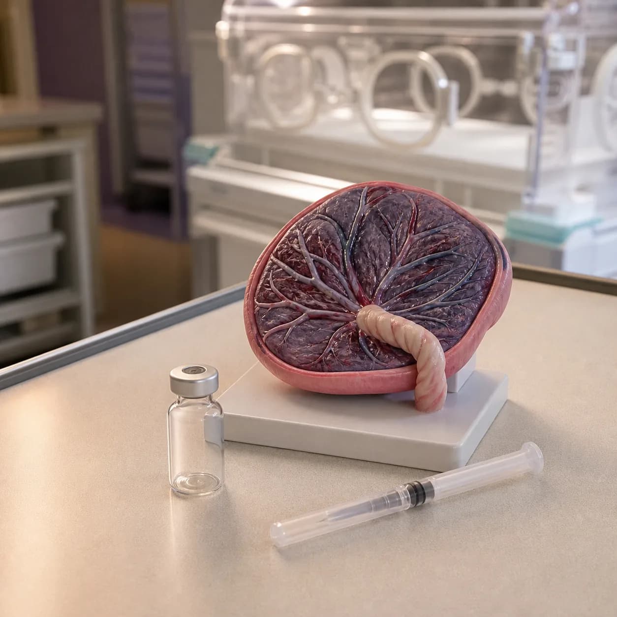 Photorealistic editorial image of an unbranded maternal vaccine vial and syringe beside a neutral placental anatomy model on a neonatal research workstation, with no people or visible text.