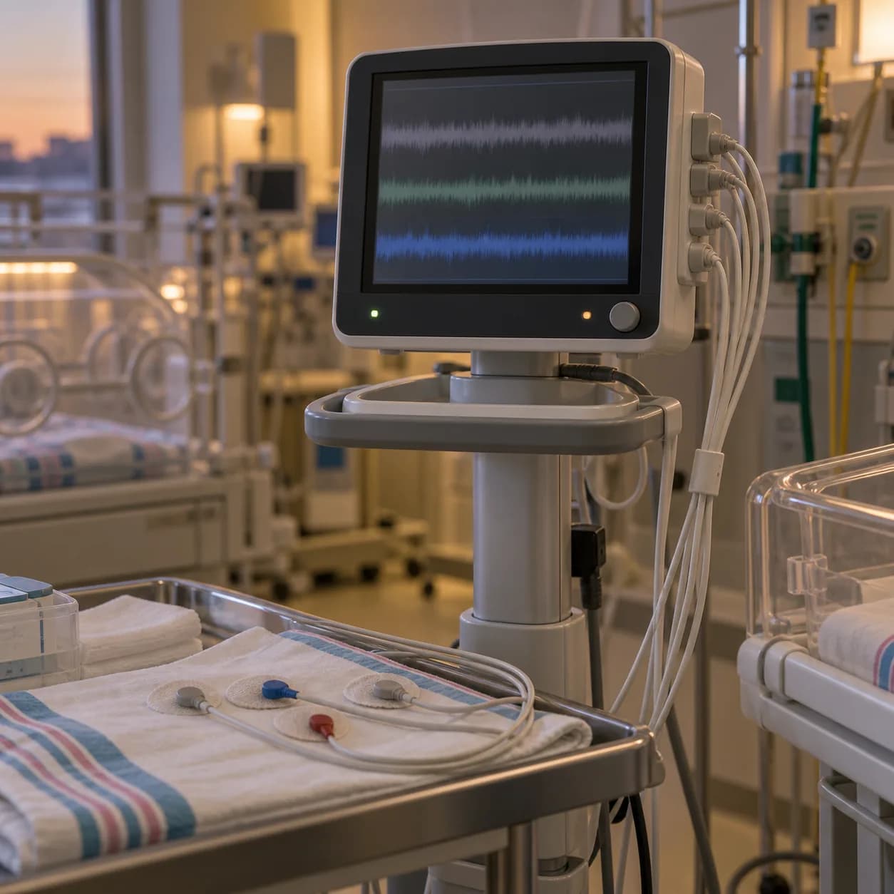 Photorealistic editorial image of an unbranded neonatal aEEG monitor and adhesive electrode leads prepared in an empty NICU bay; no infant or real study recording is shown.