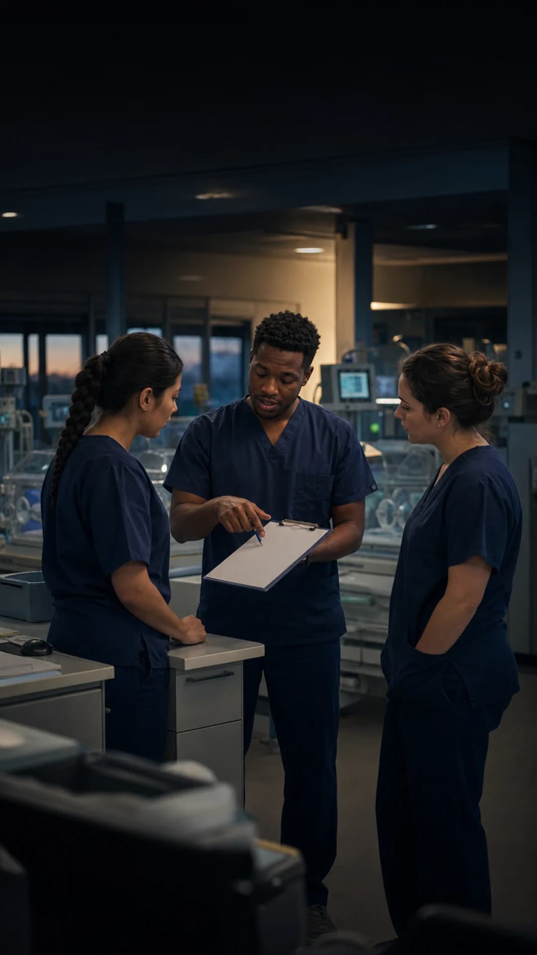 Three fictional neonatal clinicians reviewing a blank checklist during a brief huddle.