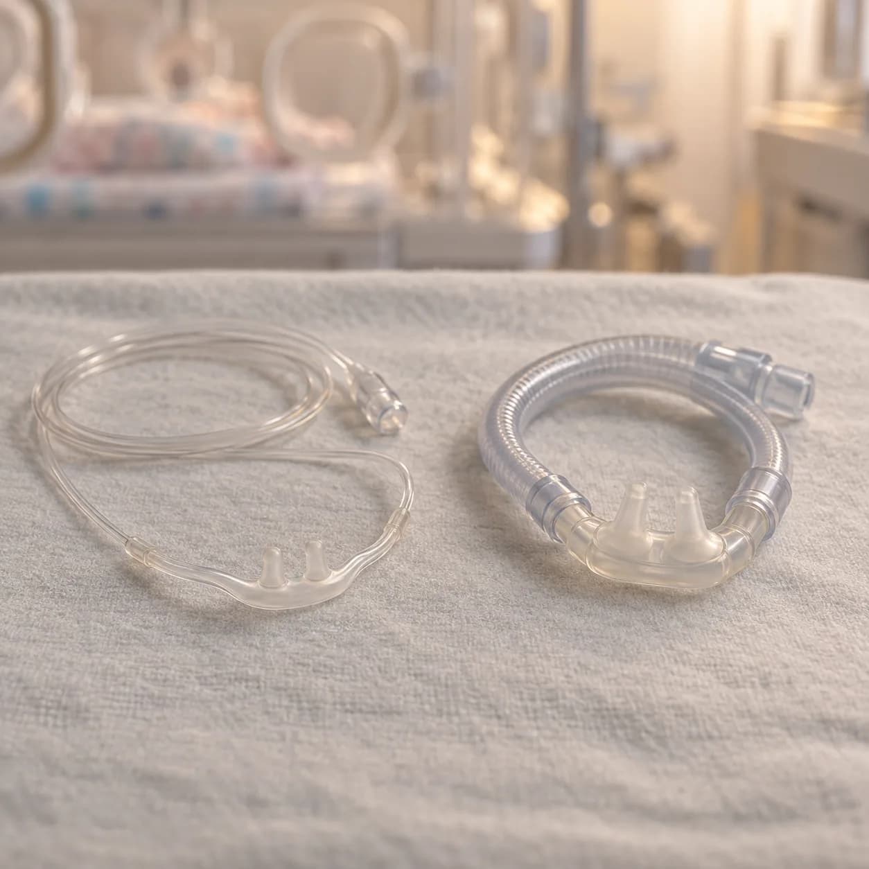 Photorealistic editorial image of two unused, unbranded neonatal noninvasive ventilation interfaces, one with long narrow tubing and one with short binasal prongs, arranged on a warm NICU preparation surface.