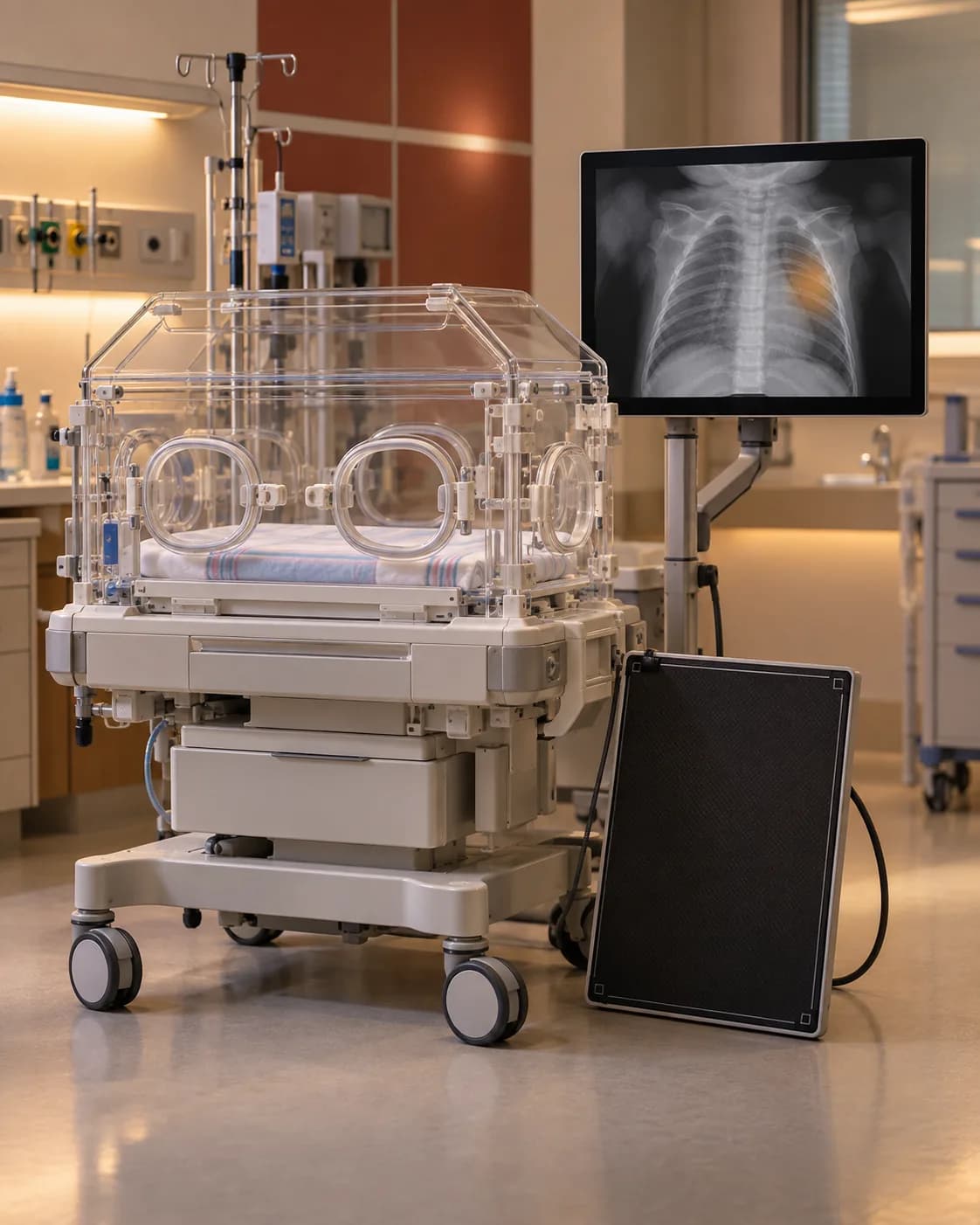 Photorealistic editorial image of an unoccupied neonatal intensive care bay with an unbranded radiography detector and monitors displaying generic synthetic chest radiograph-like images; no patient or real clinical record is shown.