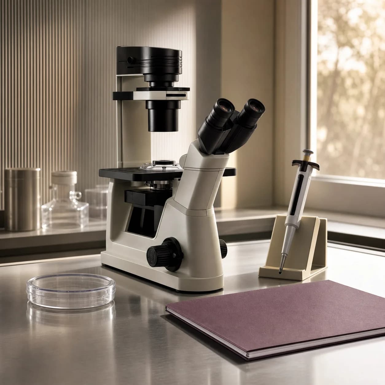 Photorealistic editorial image of an unbranded inverted microscope, culture dishes, micropipette, and plain research folder arranged in an embryology laboratory.