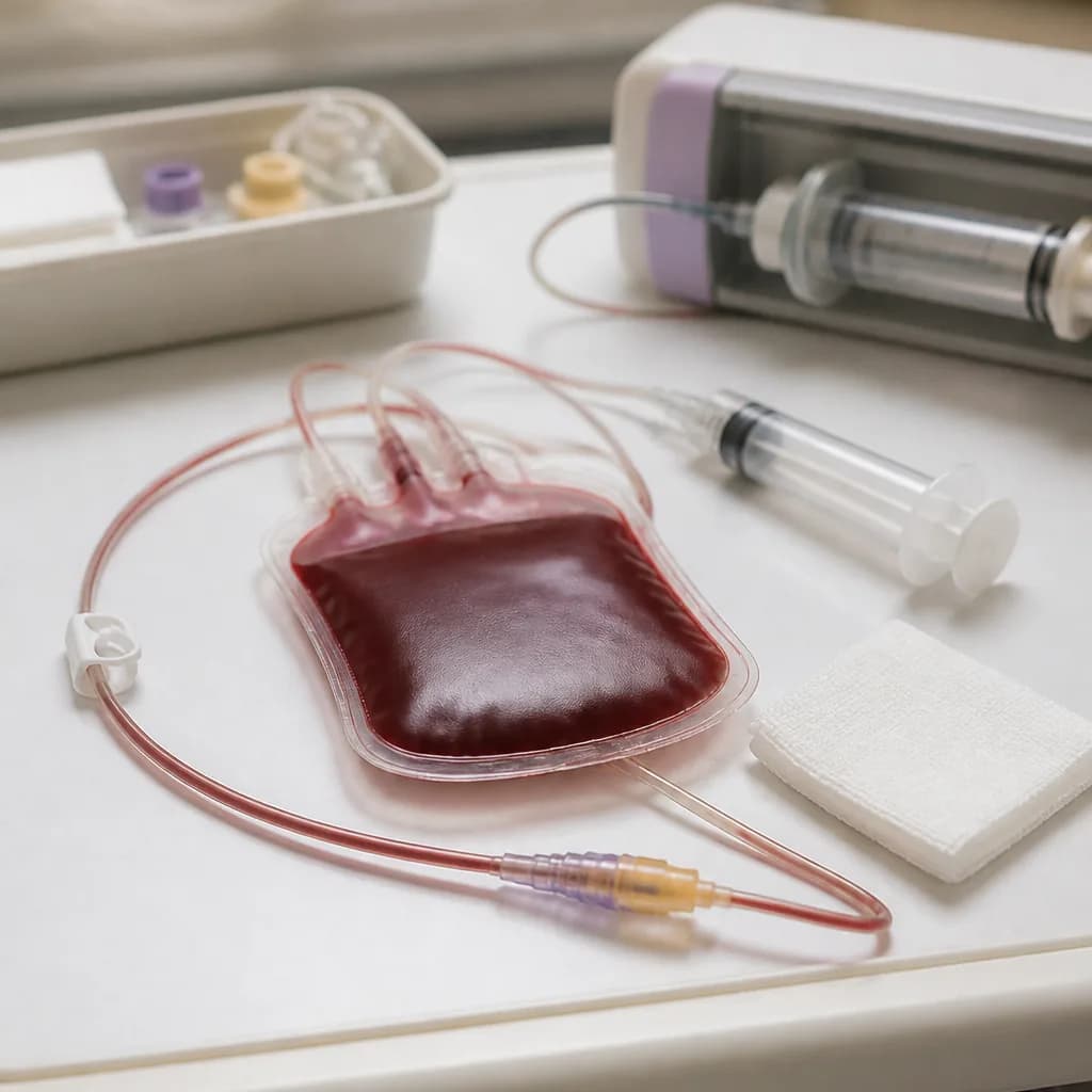 Photorealistic editorial image of an unbranded neonatal red-cell transfusion setup with a small packed-cell aliquot bag, fine tubing, syringe-pump interface, connector, and gauze; generated imagery, not a documentary photograph.