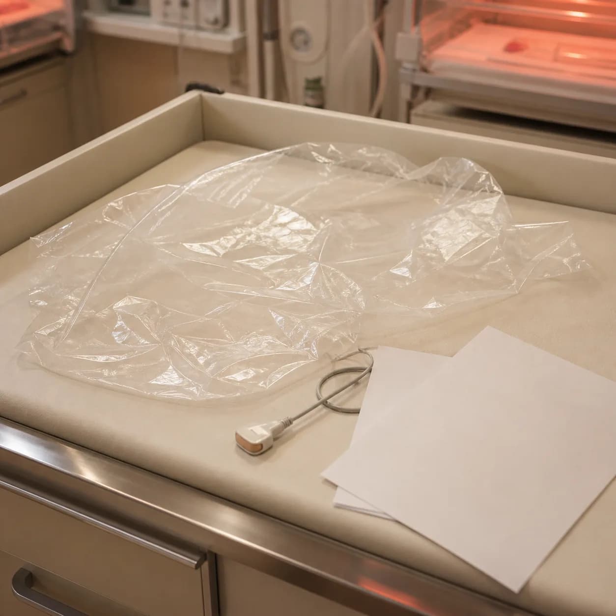 Photorealistic editorial image of unbranded clear neonatal thermal wrap material arranged on an empty delivery-room warming surface beside a generic temperature probe and blank research pages.