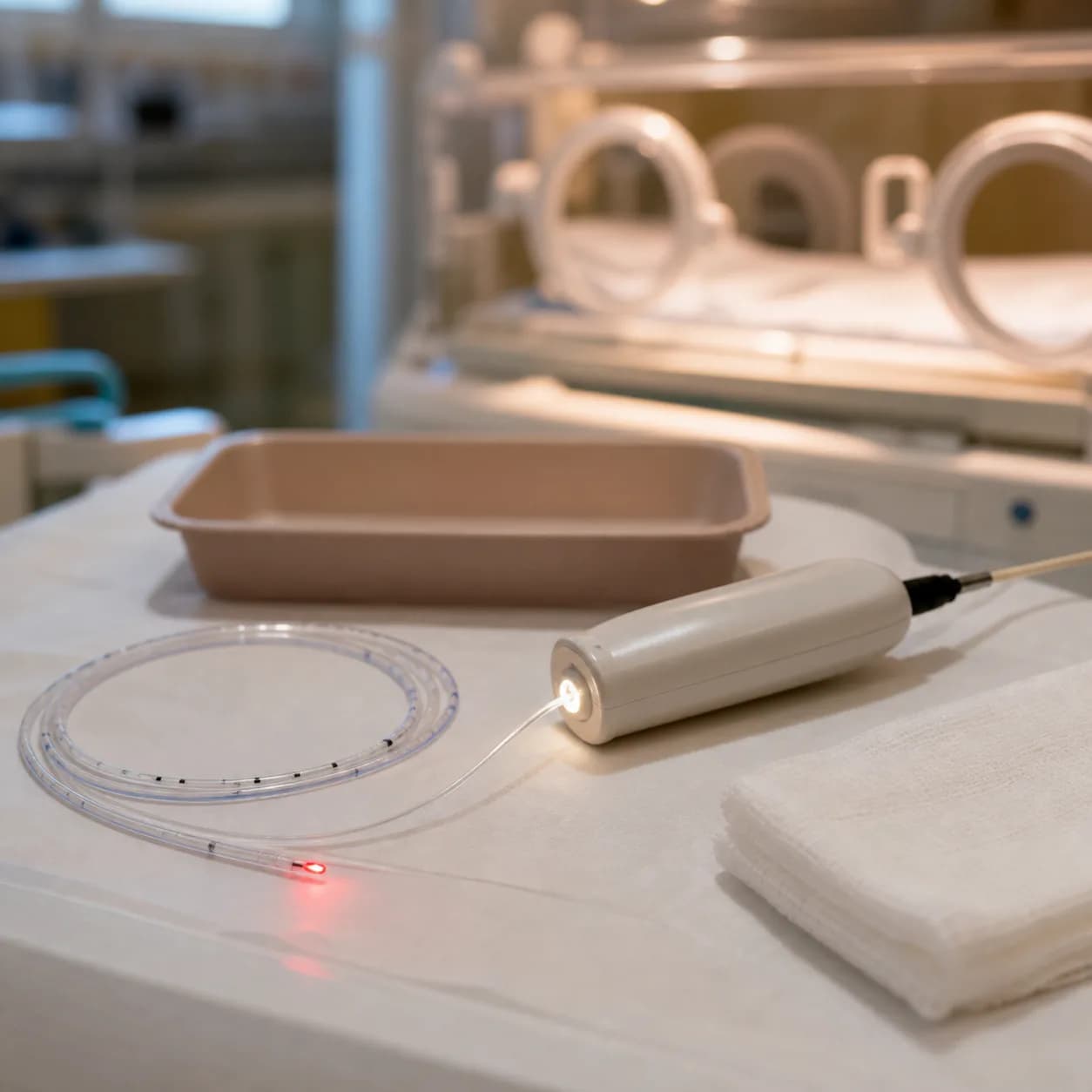 Photorealistic editorial image of a neonatal enteral tube and slender optical fiber with a softly glowing red tip beside an unbranded handheld light source on a NICU work surface; no infant is shown.