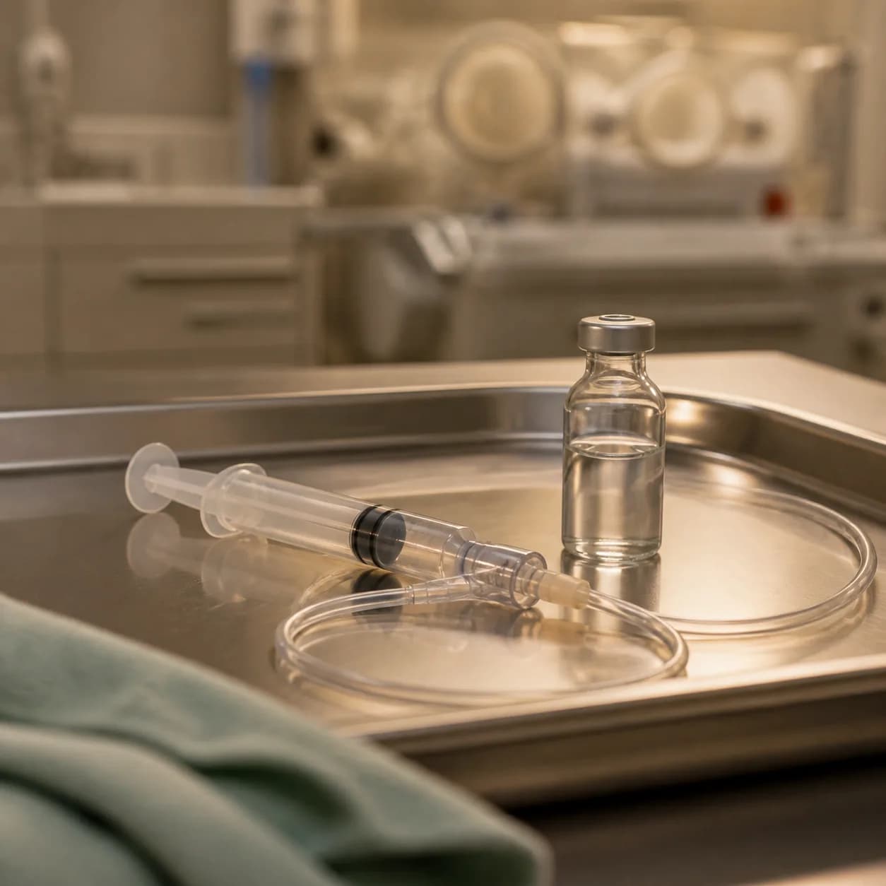 Photorealistic editorial image of an unbranded clear syringe, intravenous tubing, and an unlabeled vial on a stainless NICU preparation tray.