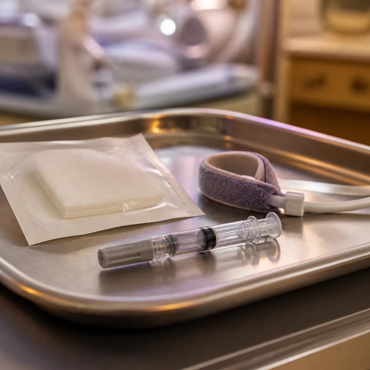 Photorealistic editorial image of an unbranded capped prefilled syringe, sterile gauze, and an infant-sized pulse-oximeter wrap on a stainless-steel NICU preparation tray; generated, not documentary.