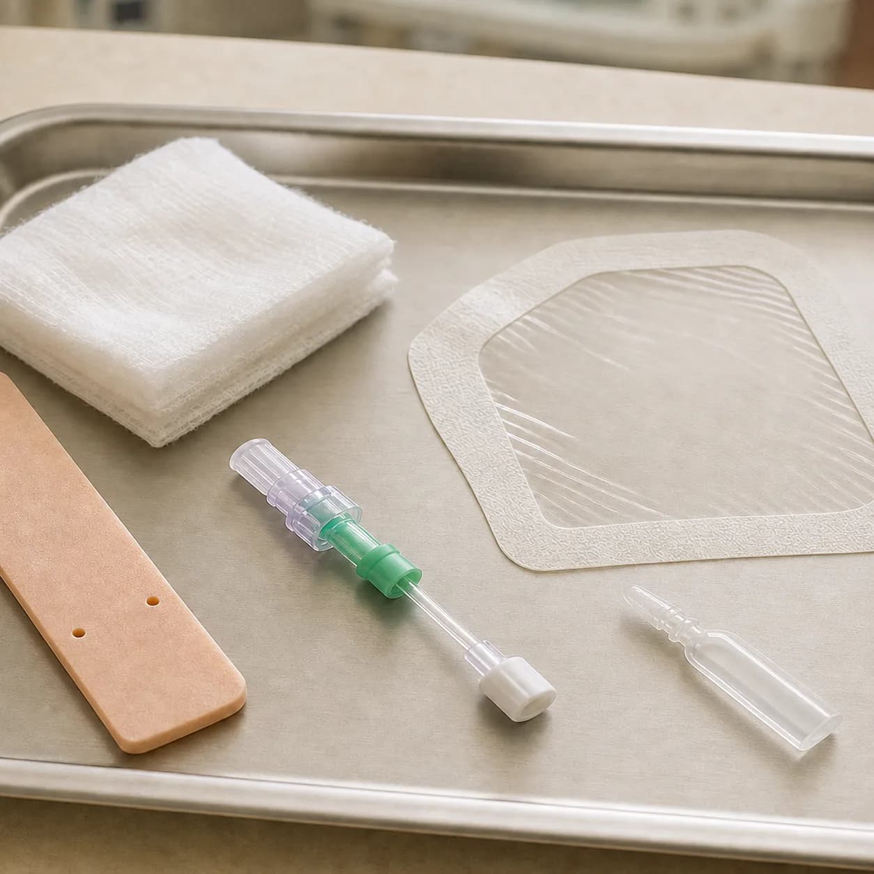 Photorealistic editorial image of an unbranded neonatal short peripheral IV catheter, transparent dressing, limb support board, catheter-securement adhesive ampoule and gauze arranged on a clinical tray.