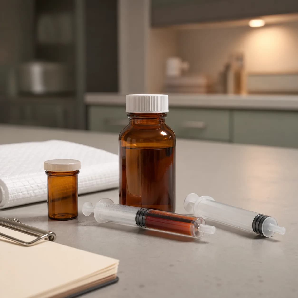 Photorealistic editorial image of an unbranded amber oral medication bottle, dosing syringe, specimen vial, and research clipboard arranged on a neutral NICU work surface.