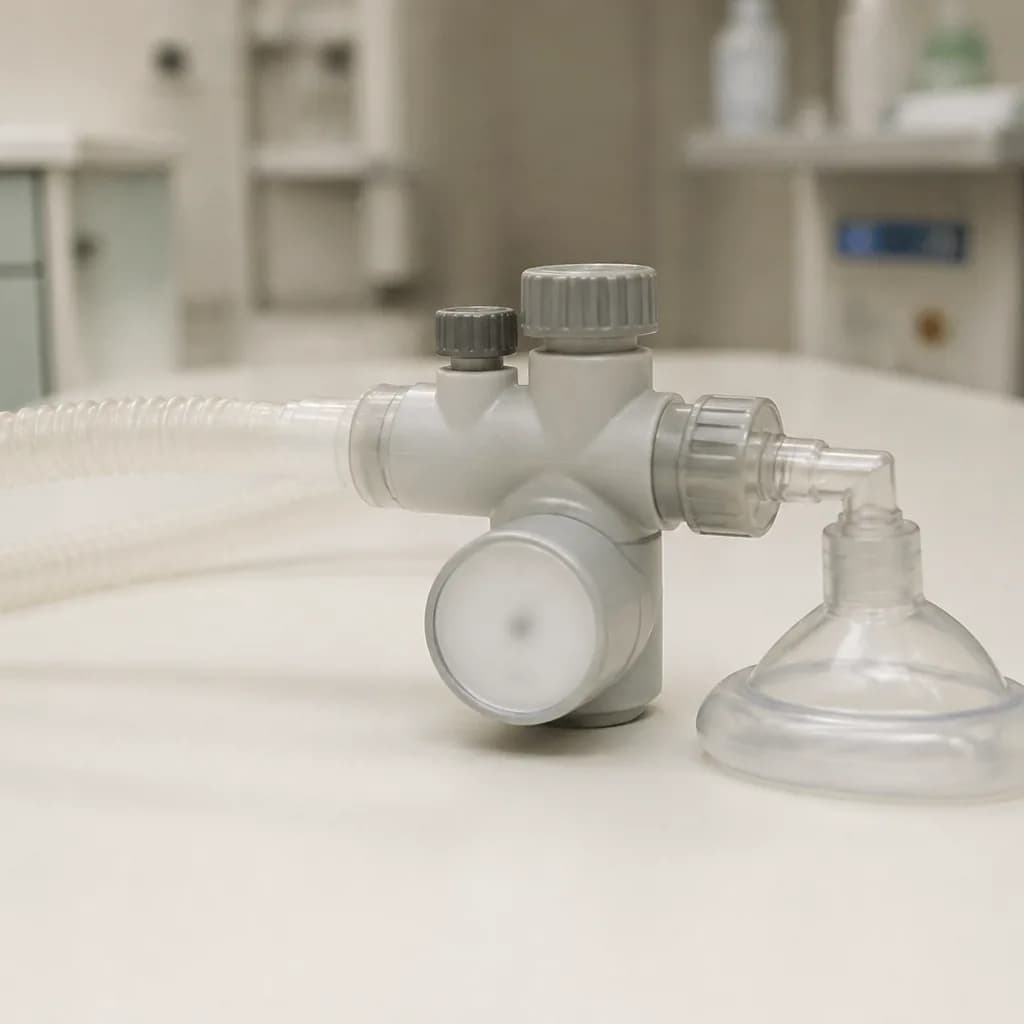 Photorealistic editorial image of an unbranded neonatal T-piece resuscitation setup with a corrugated breathing circuit and transparent neonatal face mask on a warm-neutral NICU work surface.