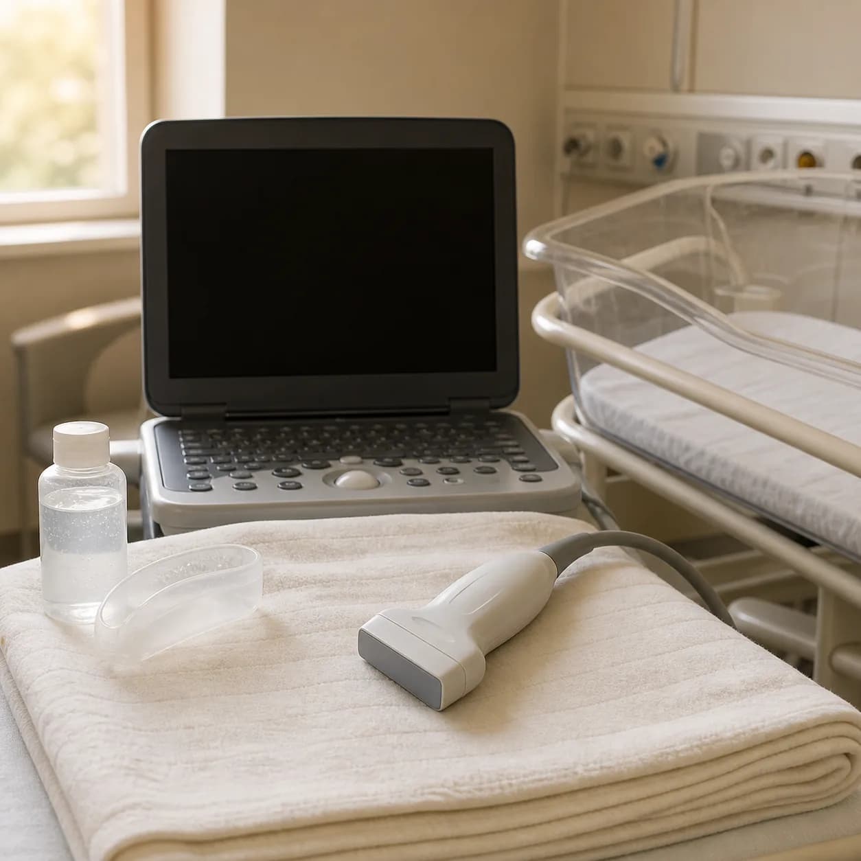 Photorealistic editorial image of an unlabeled linear ultrasound probe, a dark-screen portable scanner, and an empty newborn bassinet in a warm neonatal unit.