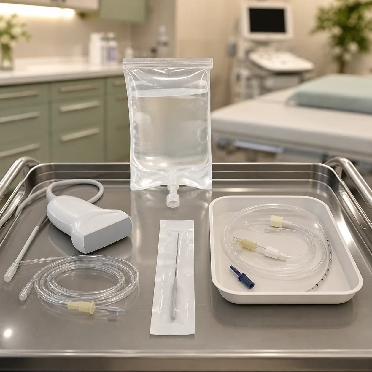 Photorealistic editorial image of an unbranded ultrasound transducer, sterile infusion tubing, isotonic-fluid bag, and neonatal peritoneal-dialysis supplies arranged as a clinical still life.